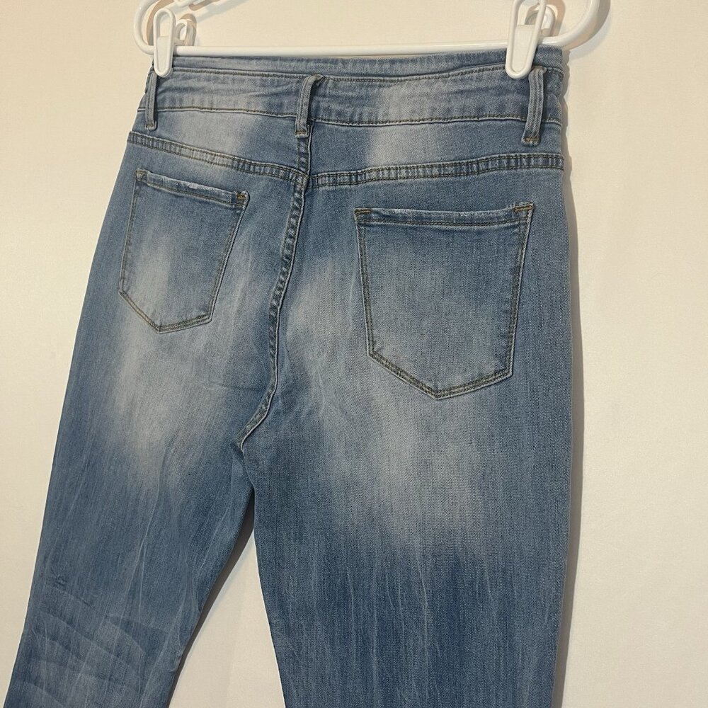 Flamingo Women’s Jeans Mid Rise Flare Leg Size Large Blue Fly Buttons Stretch - Picture 10 of 10
